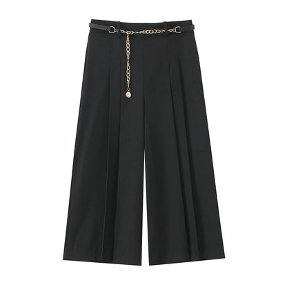 Vintage High-Waist Straight Trousers with Belt | Knee-Length Wide Leg Pants