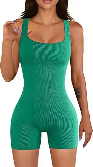Square Neck Ribbed Shorts Gym Wear Bodysuit for Women