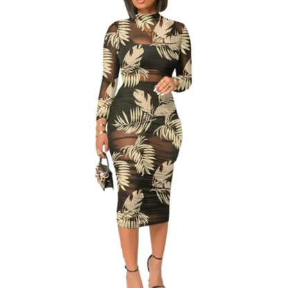 Floral Printed Mesh Mid-Length Dress