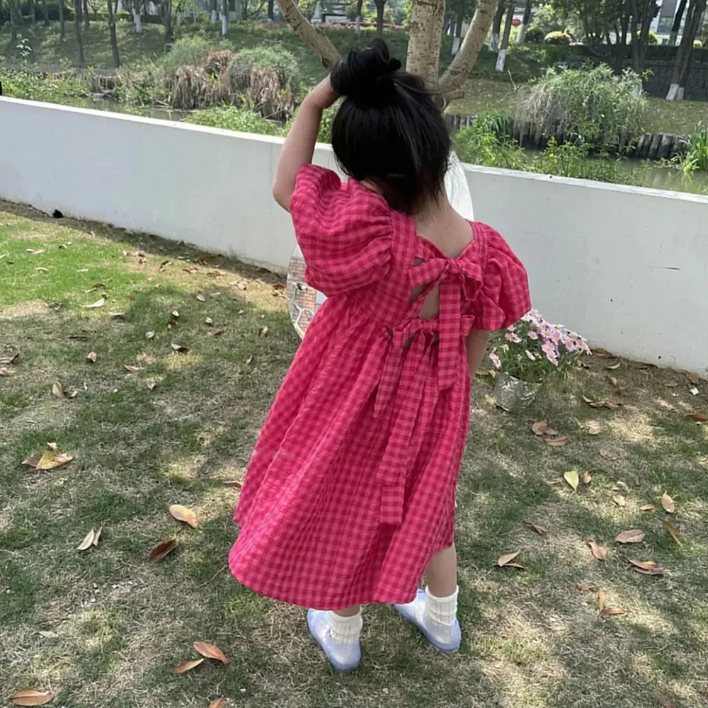 Bear Leader Rose Pink Plaid Bow Dress