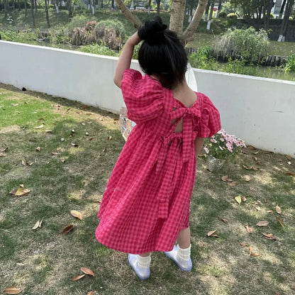 Bear Leader Rose Pink Plaid Bow Dress