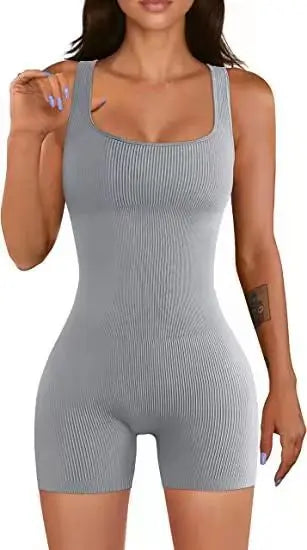 Square Neck Ribbed Shorts Gym Wear Bodysuit for Women