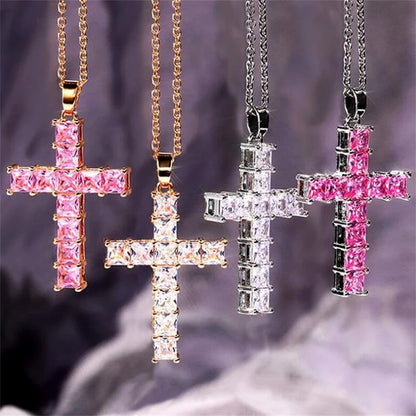Golden Multicolor Crystal Cross Pendant Necklace