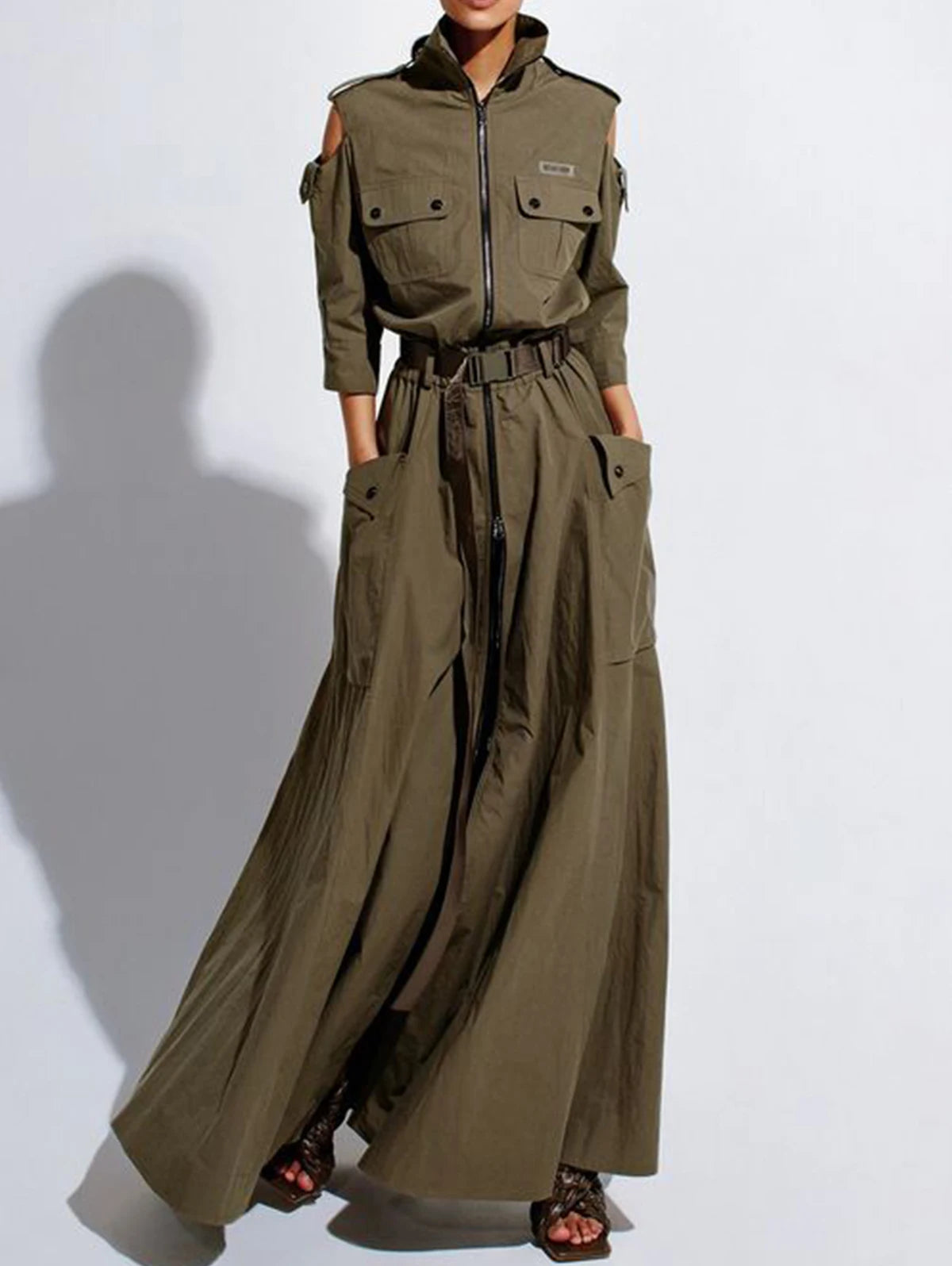 Retro Cold Shoulder Maxi Dress with Belt and Pockets