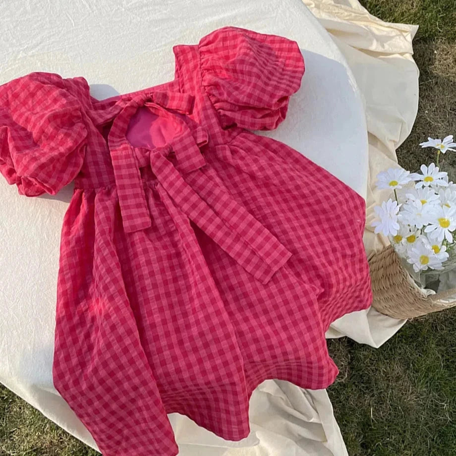 Bear Leader Rose Pink Plaid Bow Dress