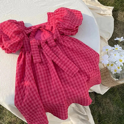Bear Leader Rose Pink Plaid Bow Dress