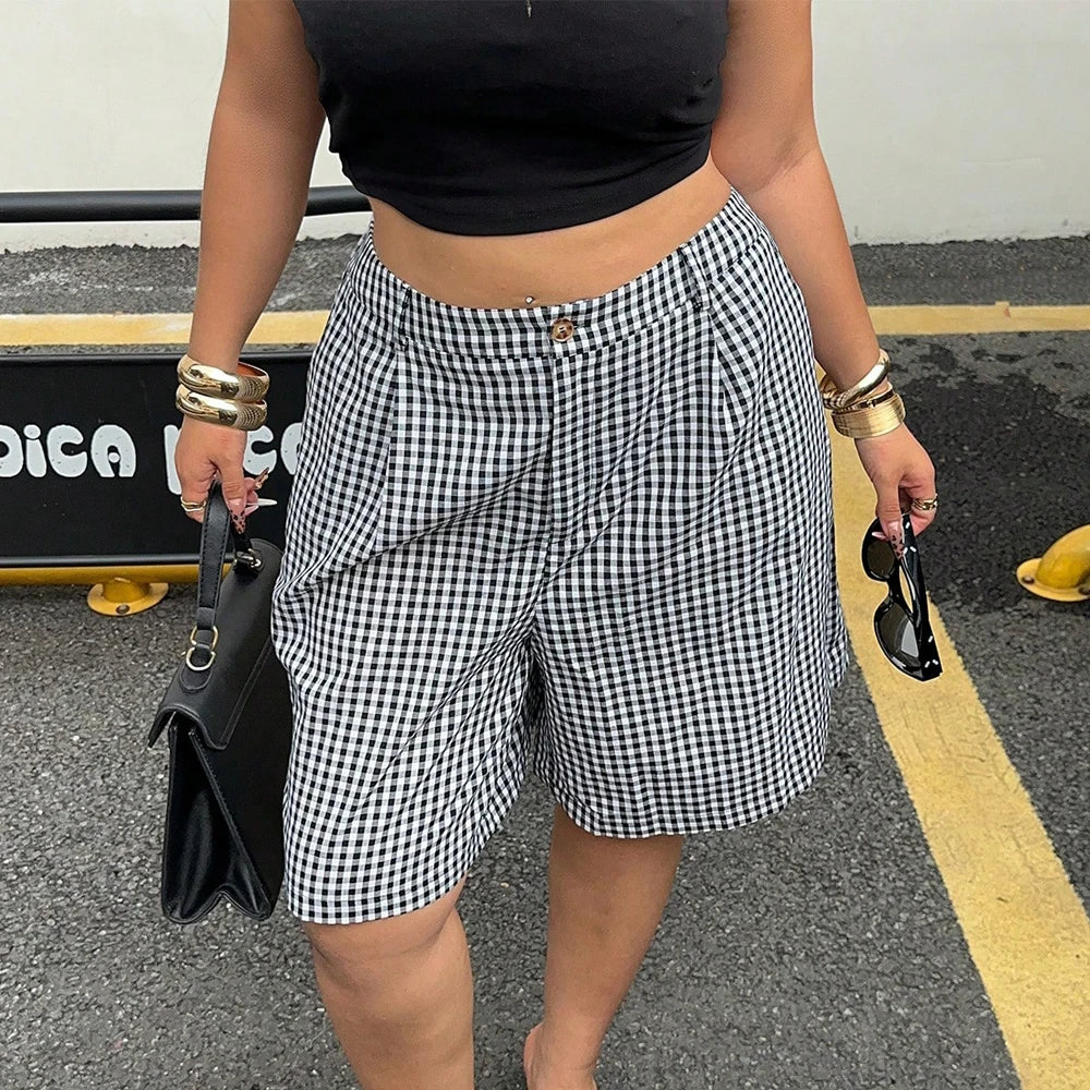 Ladies Plus Size Casual Plaid Shorts | Wide Leg Button Fly Summer Trousers