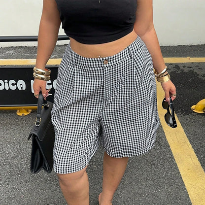Ladies Plus Size Casual Plaid Shorts | Wide Leg Button Fly Summer Trousers