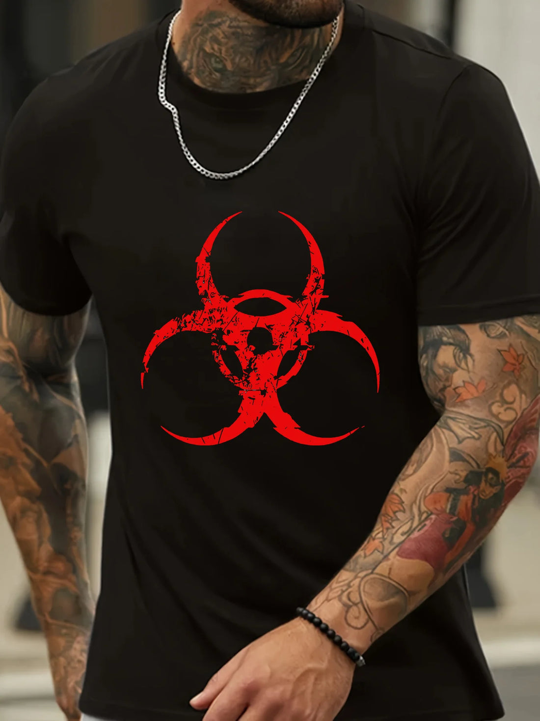 Men’s Black Cotton T-Shirt with Red Biohazard Symbol