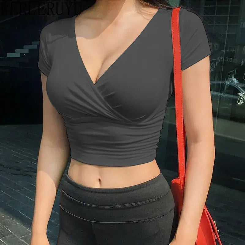 Summer Black V-Neck Short Sleeve Crop Top