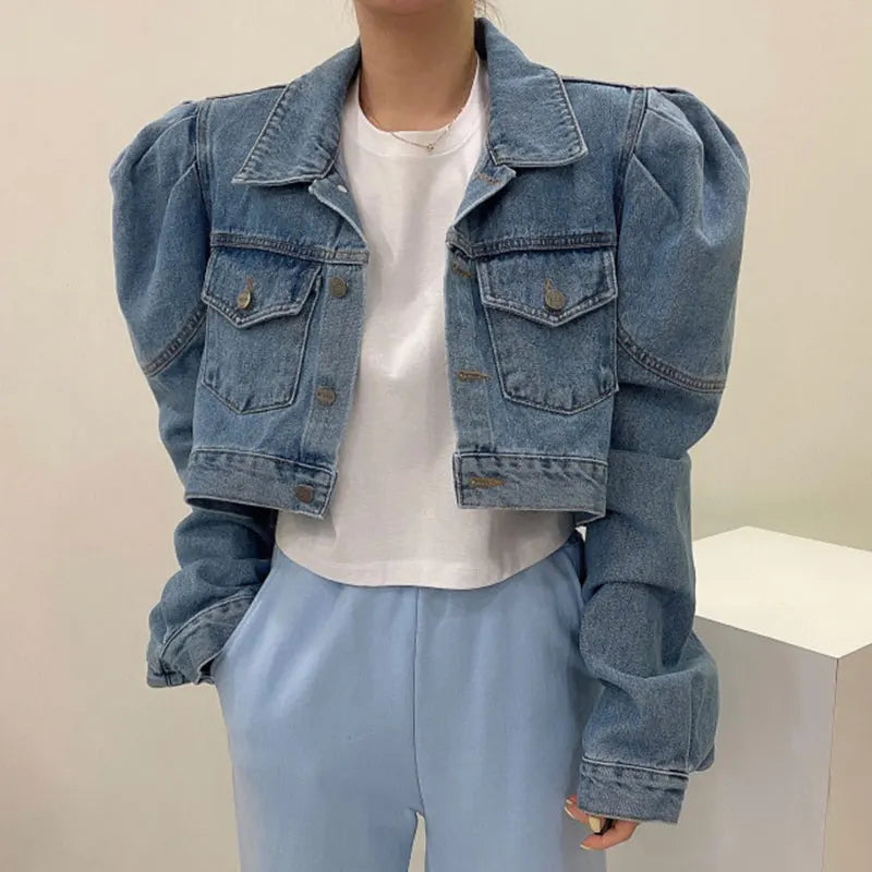 Matakawa Short Jackets Women Solid Autumn Puff Sleeve Vintage Korean Fashion  Denim Chaquetas Simple Elegant Veste Femme