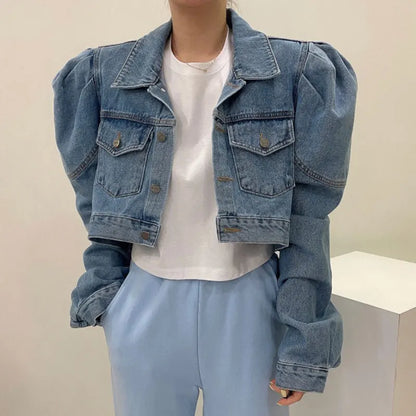 Matakawa Short Jackets Women Solid Autumn Puff Sleeve Vintage Korean Fashion  Denim Chaquetas Simple Elegant Veste Femme