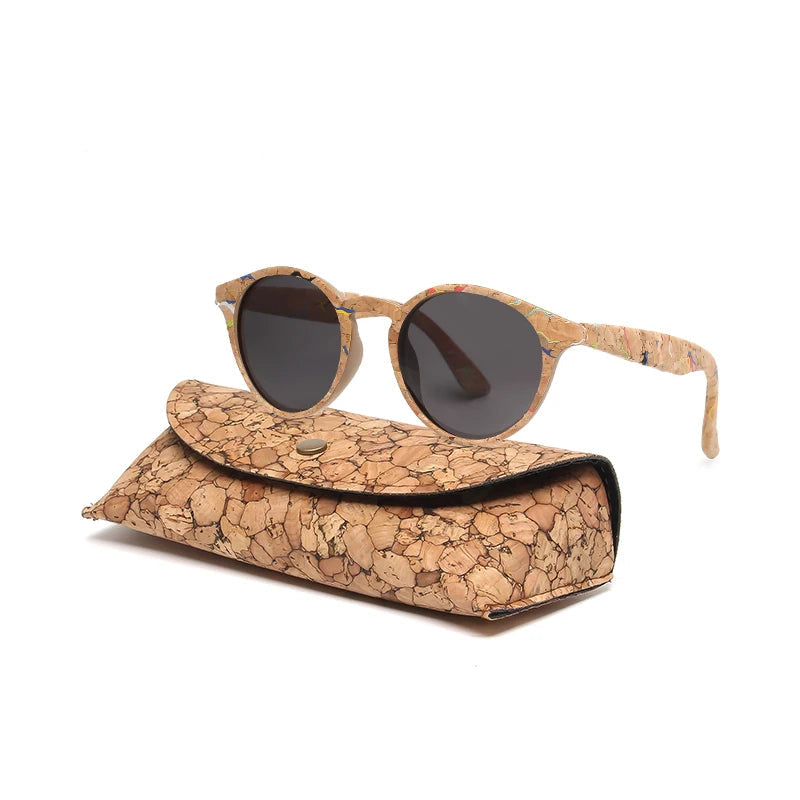 Round Bamboo Grain Polarized Sunglasses with Case – Unisex Wooden Style Shades