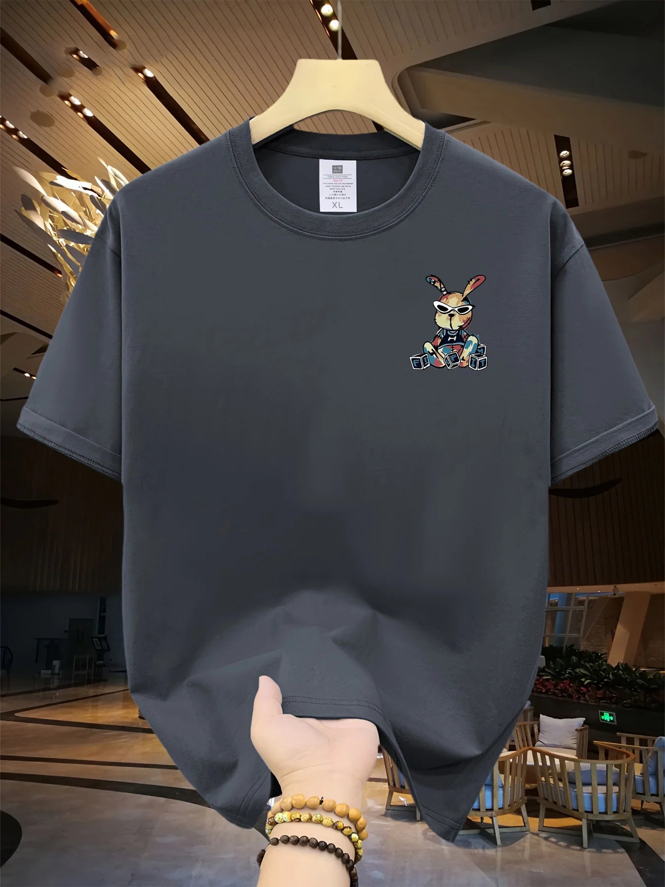 Men’s Summer Cotton Cartoon T-Shirt | Black Rabbit Print