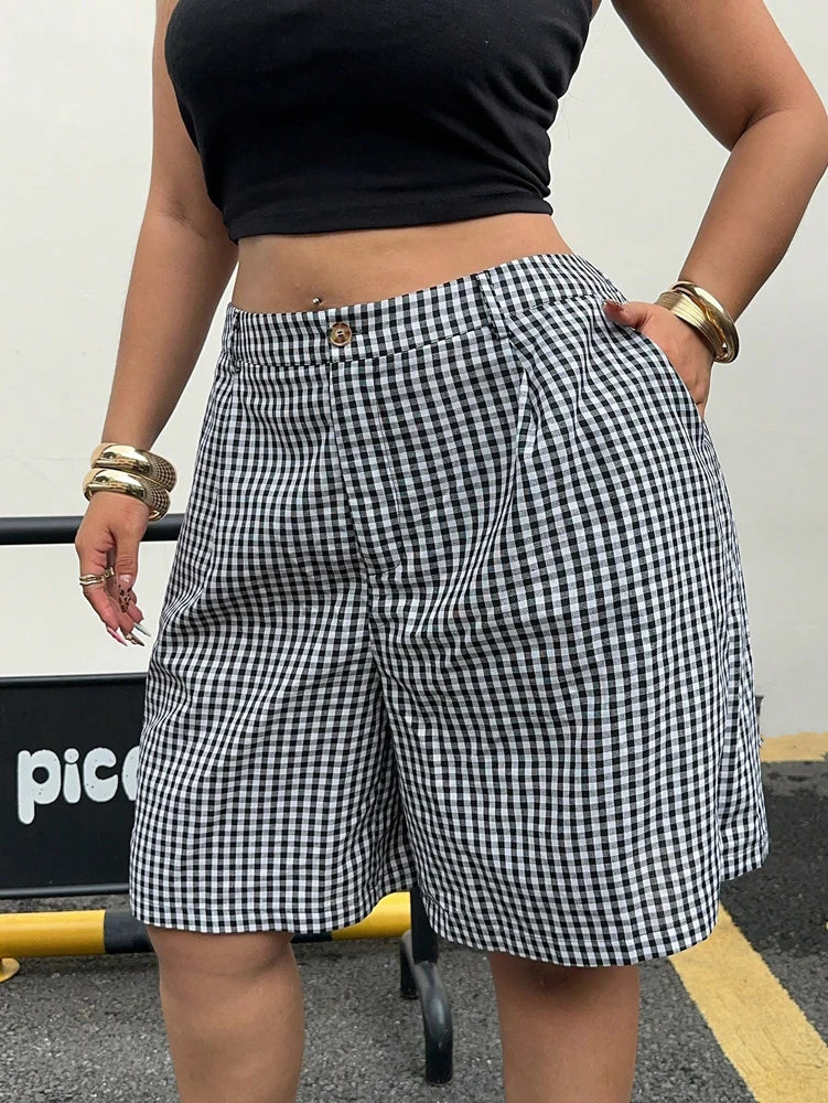 Ladies Plus Size Casual Plaid Shorts | Wide Leg Button Fly Summer Trousers