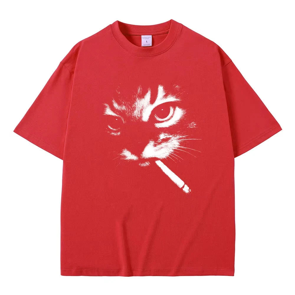 Funny Meme Smoking Cat Face Graphic T-shirts Men Women Casual Cotton Vintage T Shirts Men&
