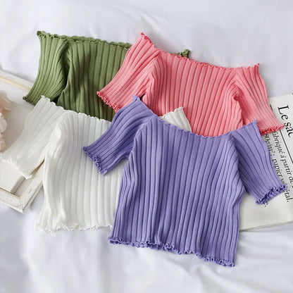 Women’s Off-Shoulder Knitted Slim Fit Knitted Short Sleeve Y2K Tee