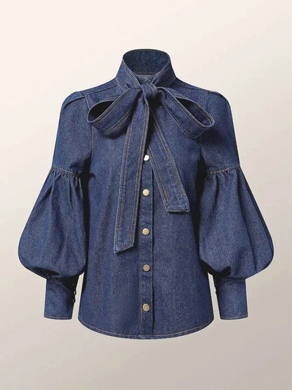 Gymystars New Trendy Imitation Denim Blouse Tops for Women Long Puff Sleeves Bow-Embellished High Neck Women&