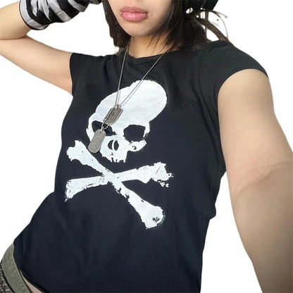 Vintage Grunge Skull Graphic Crop Top | Y2K Gothic Punk Tee