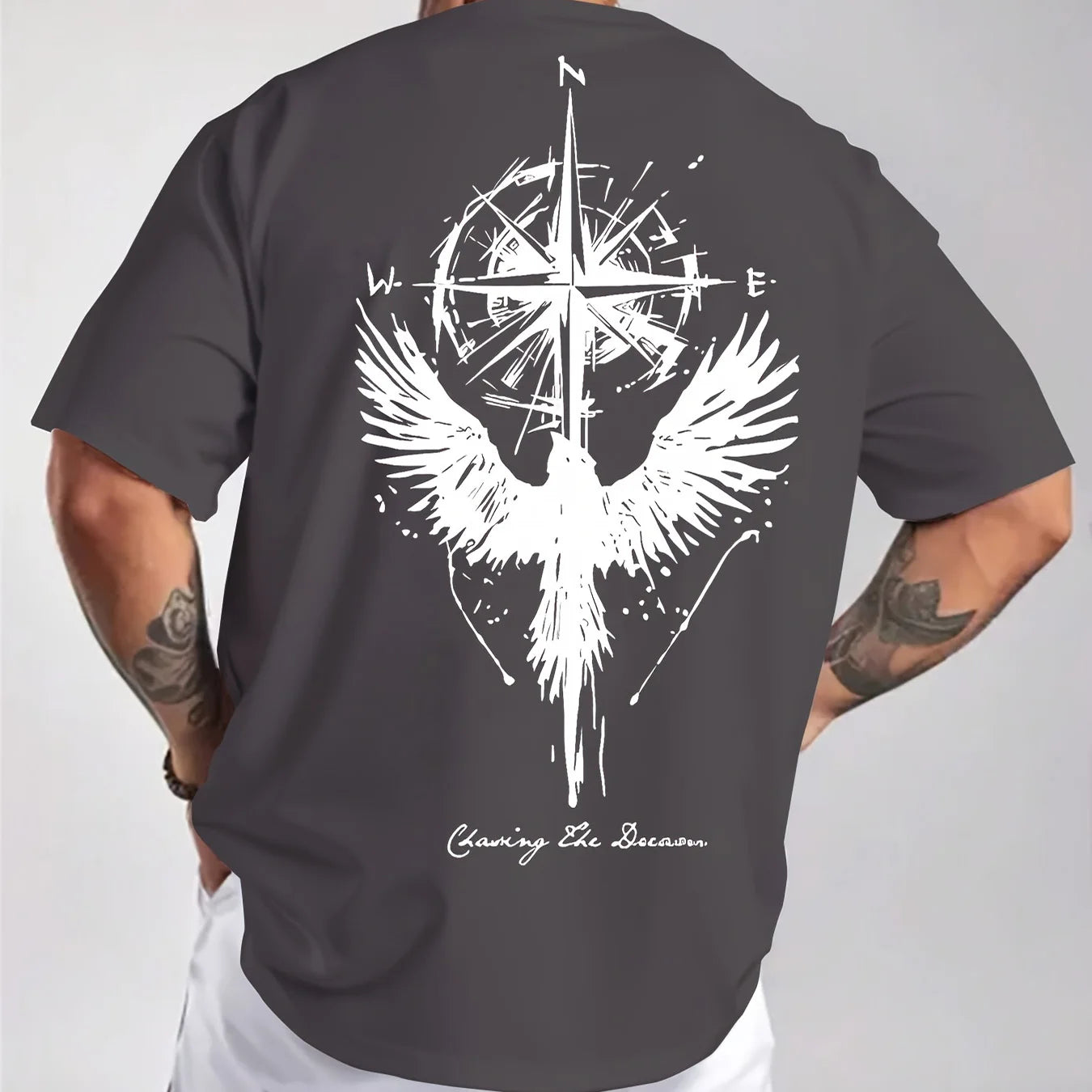 Men’s Cotton Compass &amp; Bird Print T-Shirt