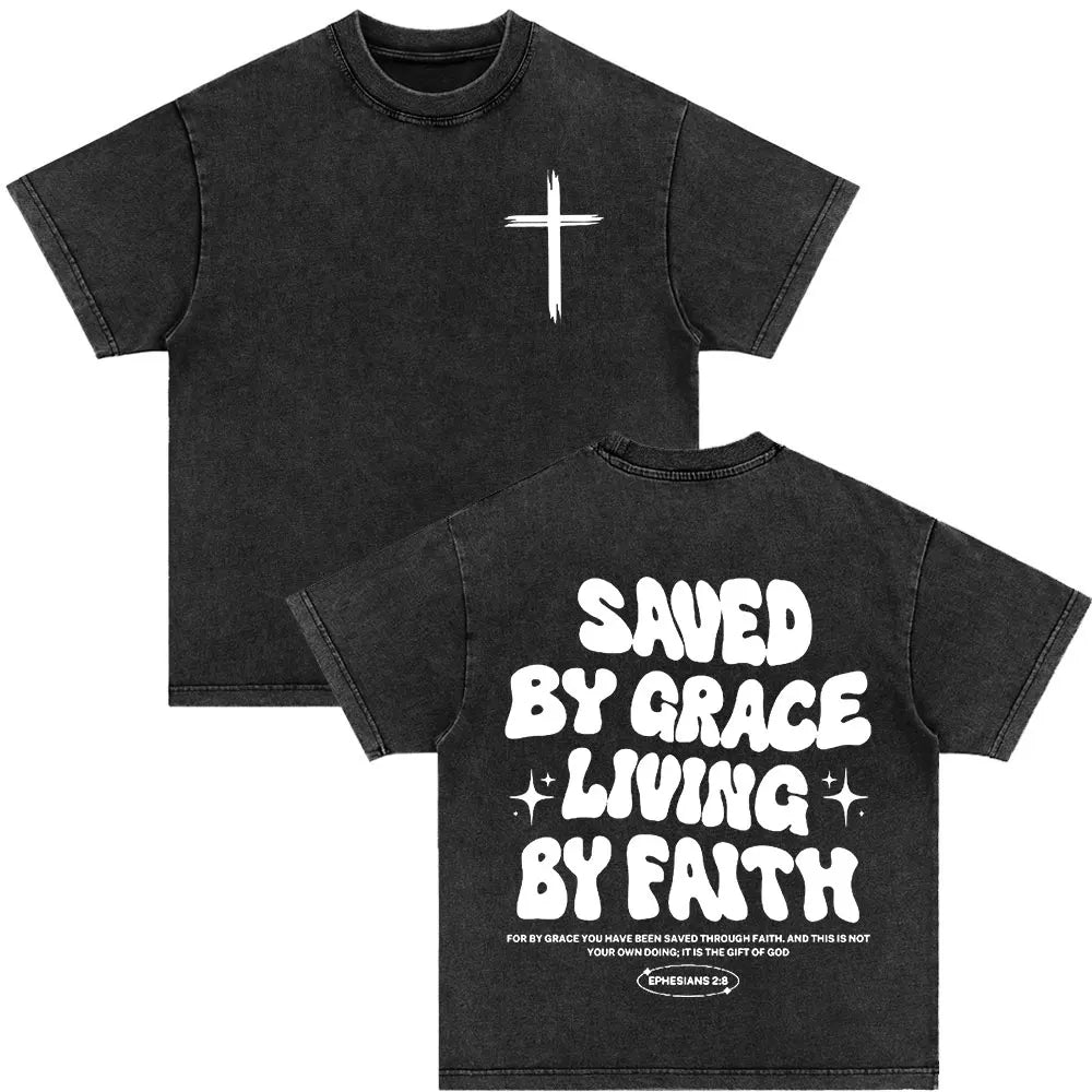 Christian Strength in Jesus Bible Verse Vintage Washed T-shirts Men Women Fashion Harajuku Oversized T Shirt 100% Cotton T-shirt