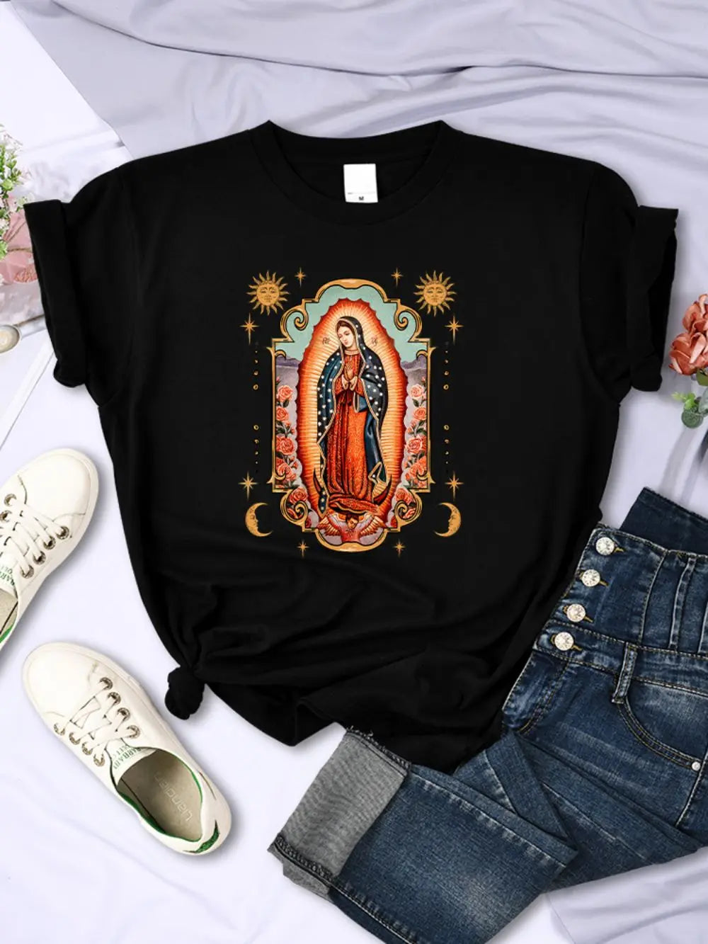 Street T-Shirts Our Lady of Guadalupe Printed Tee Shirts Comfortable O-Neck Short Sleeve Summer Casual Female Clothes