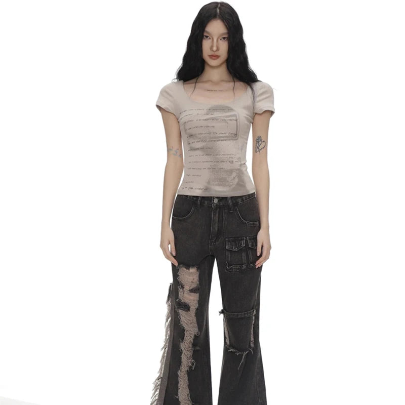 Retro Skinny Fit Letter Print T-Shirt for Women