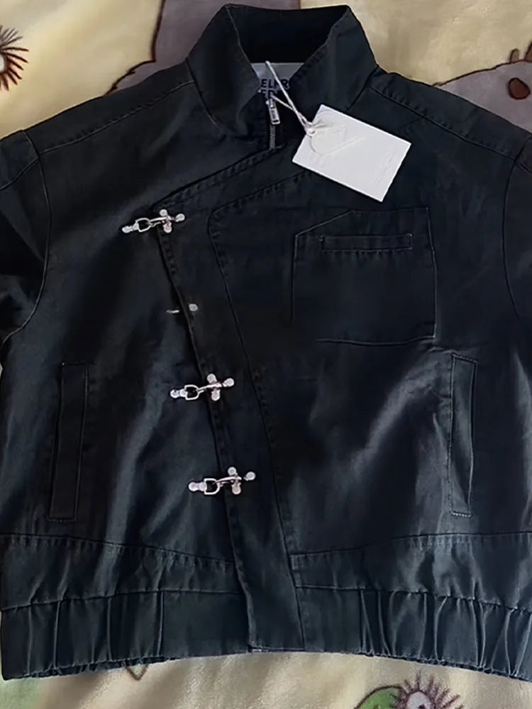 Fashion Black Jean Single Breasted Coats Lady Chic Long Sleeve High Collar Zipper Pocket Jackets 2025 New Daily Club Street Wear