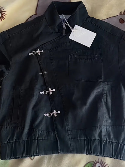 Fashion Black Jean Single Breasted Coats Lady Chic Long Sleeve High Collar Zipper Pocket Jackets 2025 New Daily Club Street Wear