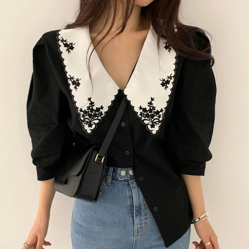 Vintage Half Sleeve Peter Pan Collar Shirt for Women