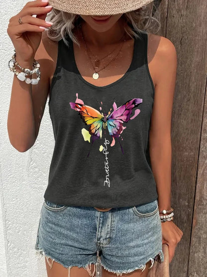 Colorful butterfly Print Women Tank Top Sleeveless Casual Summer New Crew Neck Tops for Women Clothes