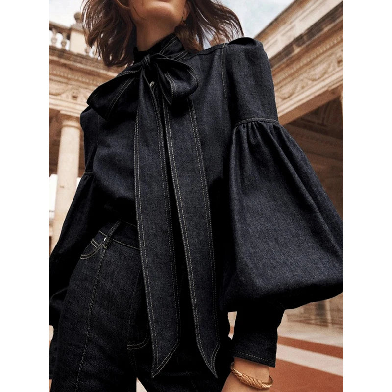 Gymystars New Trendy Imitation Denim Blouse Tops for Women Long Puff Sleeves Bow-Embellished High Neck Women&