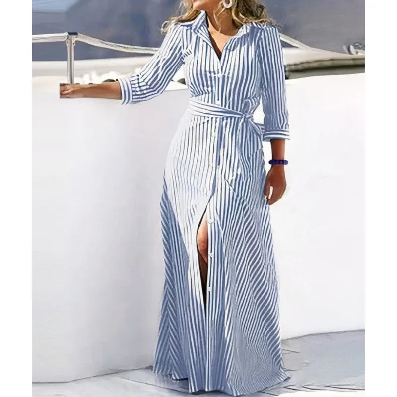 Print Lace-Up Maxi Dress – Long Sleeve, Turn-Down Collar