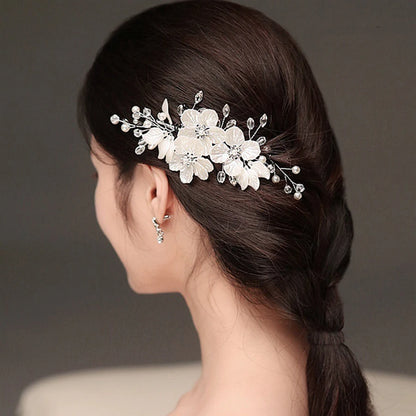 White Handwoven Flower Hair Clip with Pearls &amp; Crystals