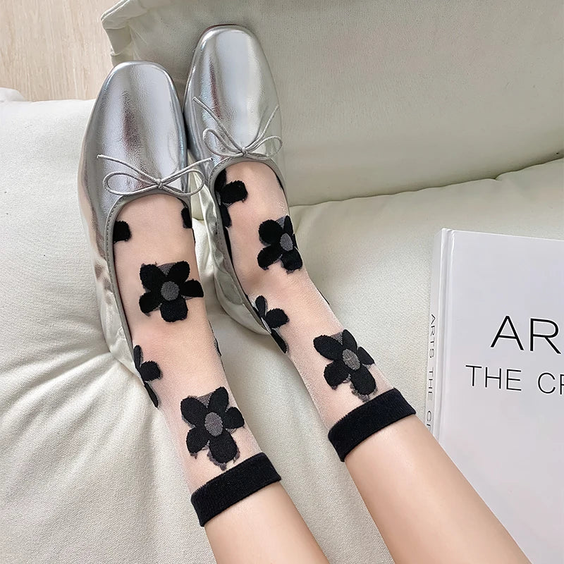 Black Crystal Silk Polka Dot Lace Socks