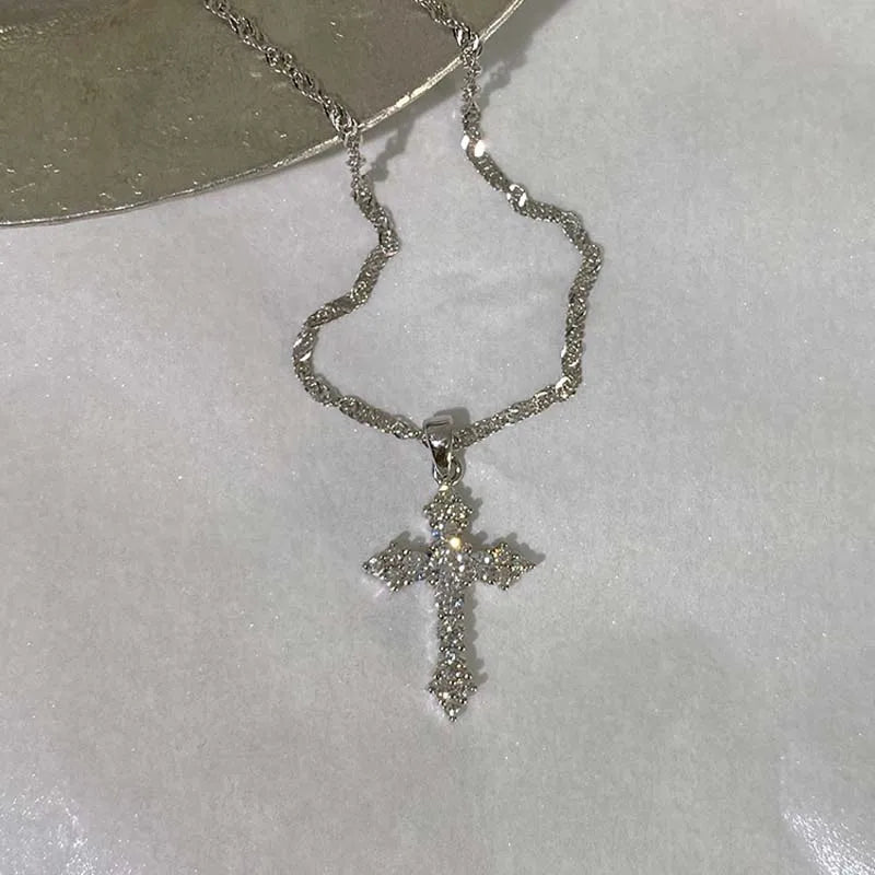 Silver Crystal Cross Pendant Necklace