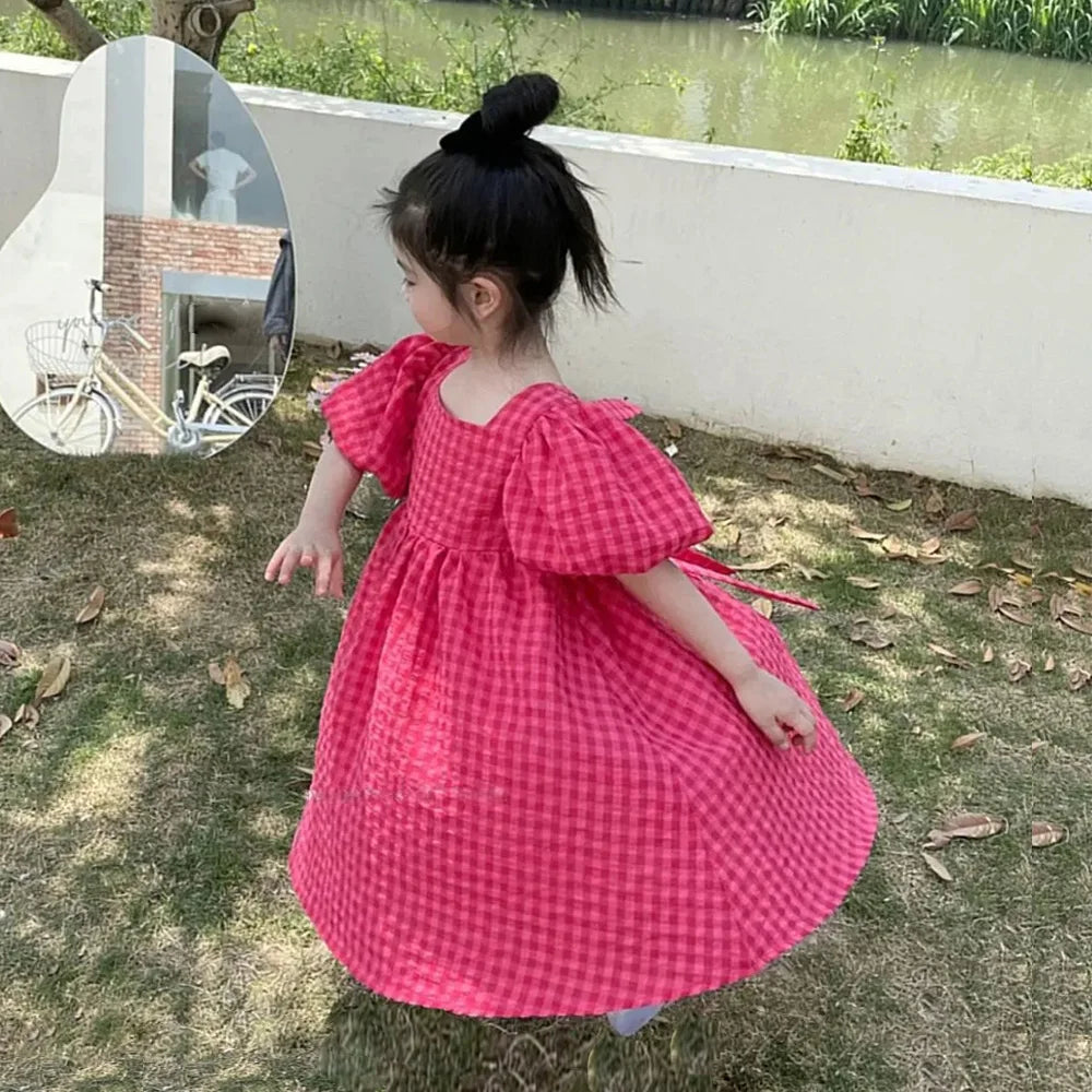 Bear Leader Rose Pink Plaid Bow Dress