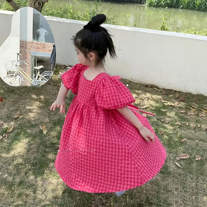 Bear Leader Rose Pink Plaid Bow Dress