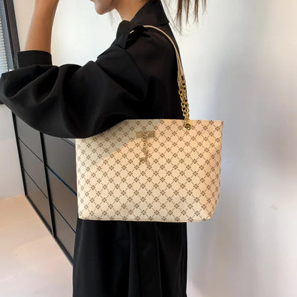 Soft Leather Plaid Shoulder Tote Bag
