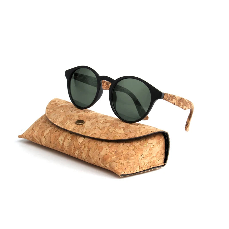 Round Bamboo Grain Polarized Sunglasses with Case – Unisex Wooden Style Shades