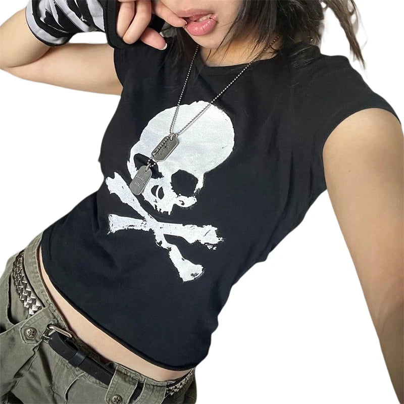 Vintage Grunge Skull Graphic Crop Top | Y2K Gothic Punk Tee