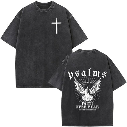 Heart Cross Christian Jesus Faith Over Fear Bible Verse Vintage Washed T-shirts Unisex Fashion Oversized T Shirts Cotton T-shirt