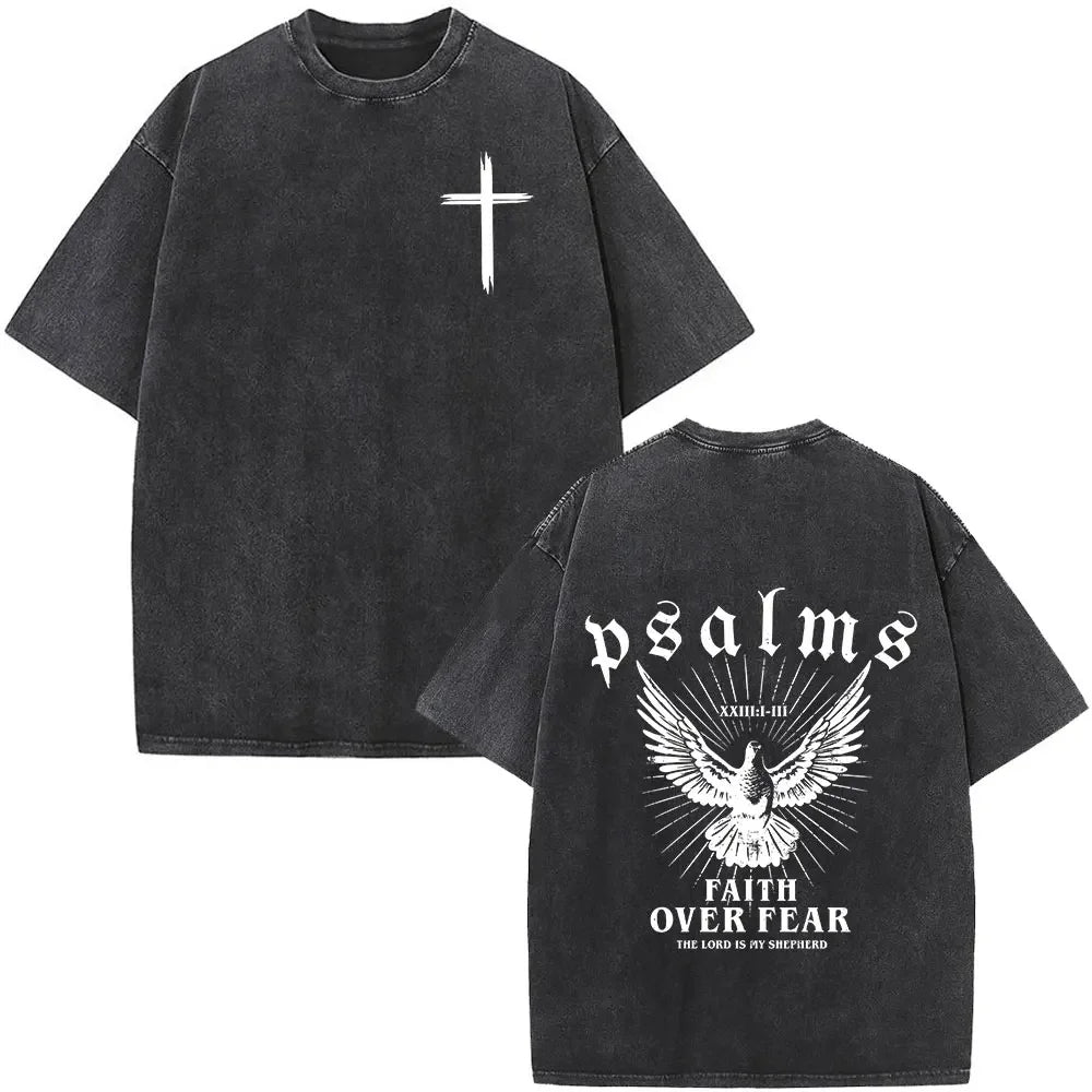 Heart Cross Christian Jesus Faith Over Fear Bible Verse Vintage Washed T-shirts Unisex Fashion Oversized T Shirts Cotton T-shirt