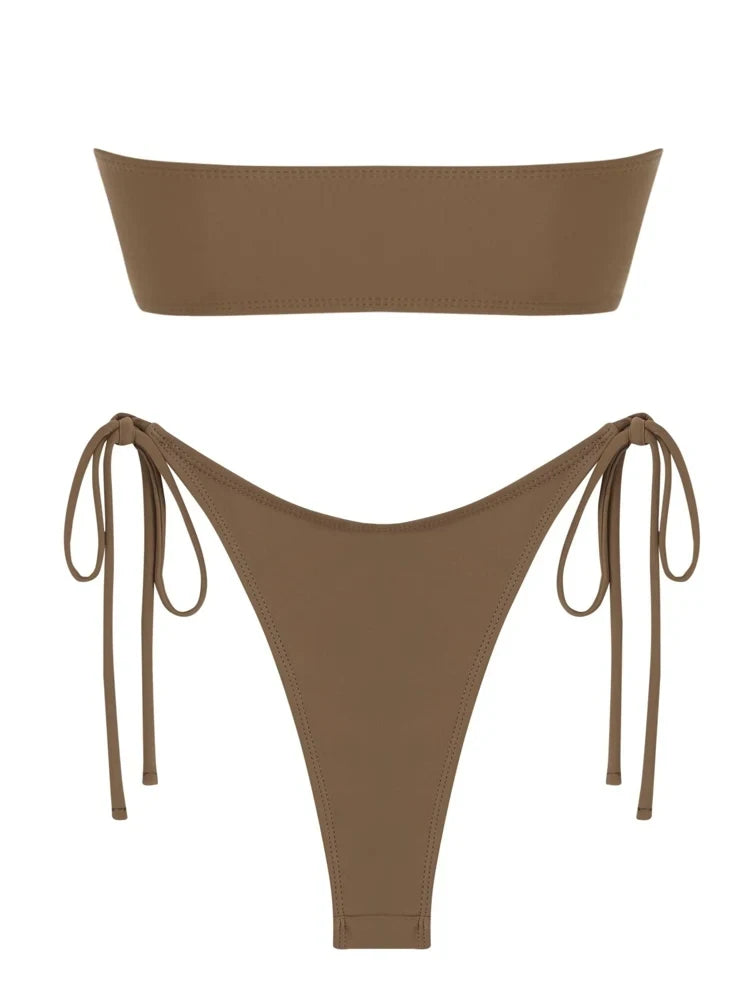Solid O Ring Bandeau Bikini - Tie Side Swimsuit