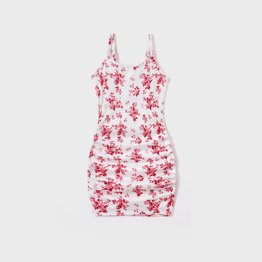 Matching Flower Print Strappy Body-con Dress for Mommy and Me
