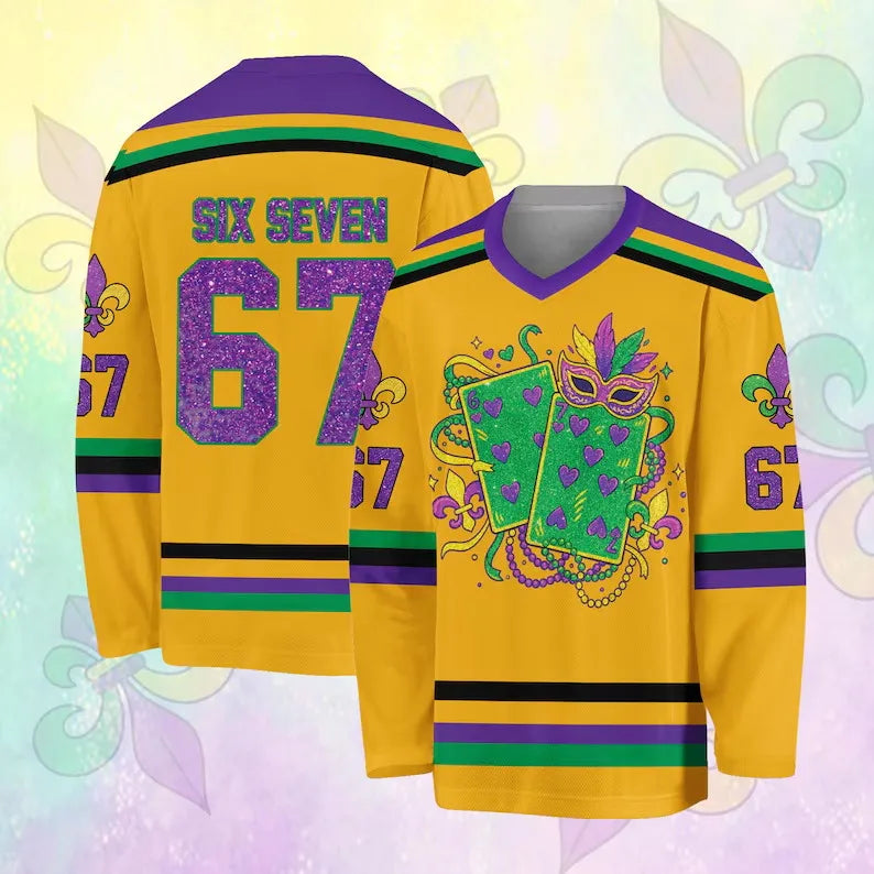 3D Print Mardi Gras Hockey Jersey | Glitter Carnival Long-Sleeve Streetwear T-Shirt