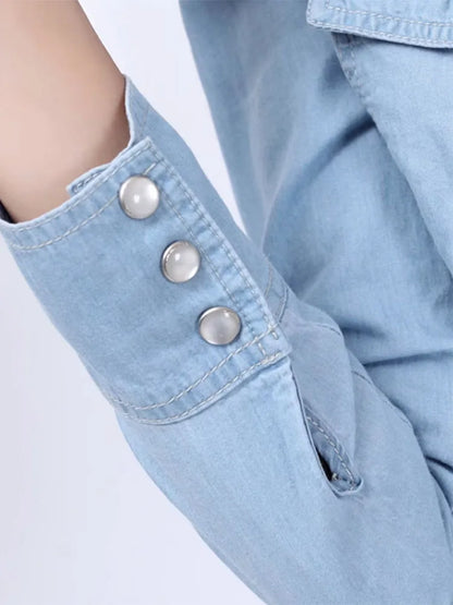 Spring 2026 New Denim Shirts And Blouse For Women Korean Style Long Sleeve Top Blue Or Sky Blue Color Jeans Elegant Blouses