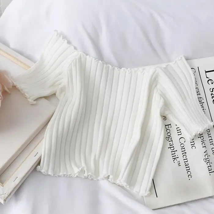 Women’s Off-Shoulder Knitted Slim Fit Knitted Short Sleeve Y2K Tee