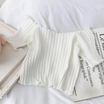 Women’s Off-Shoulder Knitted Slim Fit Knitted Short Sleeve Y2K Tee