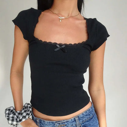 Y2K Vintage Baby Tee – Cottage Lace Trim Knitted T-Shirt